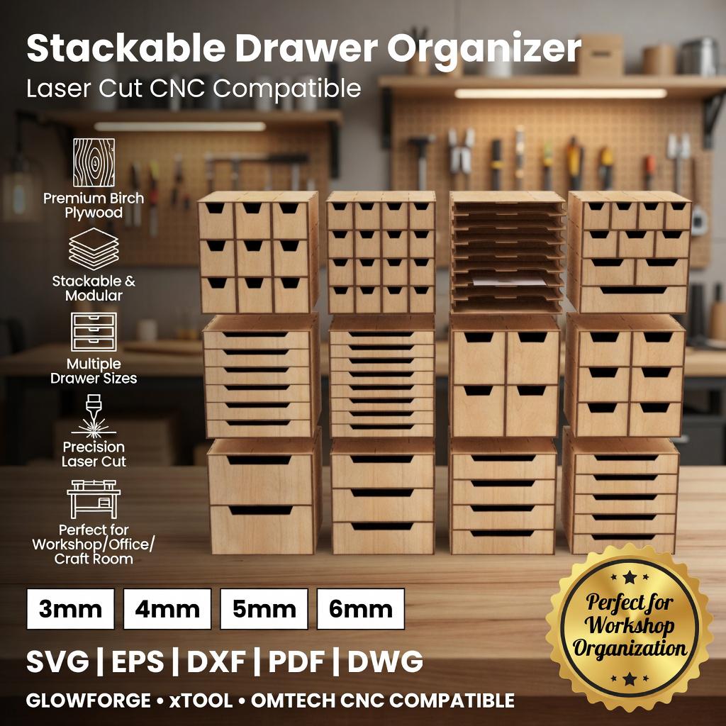 Organizzatore modulare da scrivania in formato SVG per taglio laser, contenitore per officina a 12 cassetti in formato DXF, layout per organizzatore d