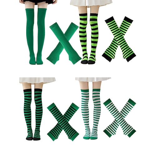 Socken für Damen zum St. Patrick's Day Armstulpen-Set, 4-teilig, grün Schwarz gestreifte Kniestrümpfe mit passenden fingerlosen Handschuhen, lustige Accessoires für irische Festivalkostüme für Damen Image