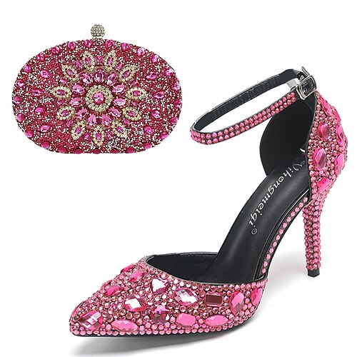 Damen Cocktail Club Party Strass Kristall Schnalle Stiletto Spitze Zehe Mode Niedlich luxuriös PU Schnalle Silber Rot orange Schwarz und Violett Image