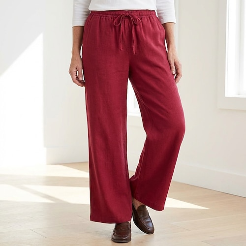 Damen-Leinenhose aus 70 % Leinen, Culottes, weites Bein, Chinos, Urlaubs- und Streetwear-Stil, Basic, lange Länge, mittlerer Bund, schlicht, Kordelzug, Tasche, bequem, ohne Gummizug, für Alltag und Outdoor-Aktivitäten, bordeauxrot, dunkelgrün Image