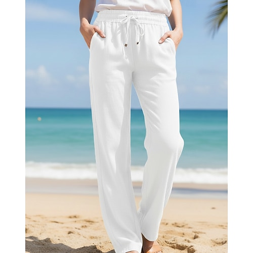 Damen Hose aus Baumwollleinen Weite Hosenbeine Chinos Streetwear Lässig Volle Länge Mittlere Taillenlinie Einfach Kordelzug Tasche Bequem Komfort Unelastisch Täglich Outdoor Straße Marineblau Schwarz Image