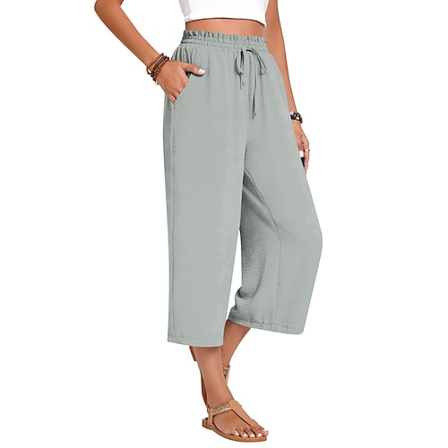 Damen Caprihose Sommerhose Baggy-Hosen Strandhose Urlaub Mode Streetwear Wadenlang Hohe Taille Einfach Kordelzug Tasche Weites Bein Komfort Leicht Weich Dehnbar Outdoor Straße Ferien Blau Rote Khaki Image
