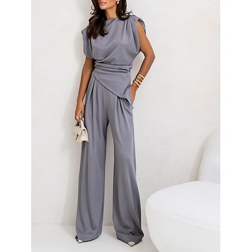 Damen Hosen-Sets Bolero-Oberteil Ärmellos Rundhalsausschnitt Einfarbig Elegant Mode Streetwear Lässig Täglich Outdoor Dunkelgrau Schwarz Weiß Sommer Lässiger Schnitt Image