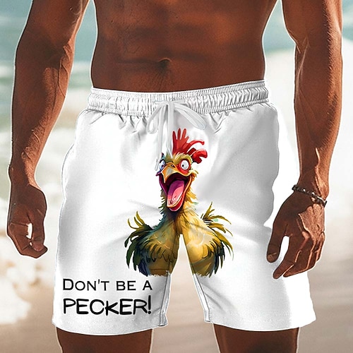 Herren Tiermotiv Hahn Hühnchen Badehosen Badeshorts Boardshorts Mittlere Taille Lustig Lässig Strandurlaub Seitentaschen Netzfutter Elastischer Kordelzug in der Taille Designer Bekleidung Image