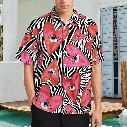 Valentinstag-Herz, lässiges Herrenhemd, Alltagskleidung, Ausgehen, Wochenende, Sommer, Turndown, kurze Ärmel, Rot, Marineblau, Khaki, S, M, L, 4-Wege-Stretch-Stoffhemd Image