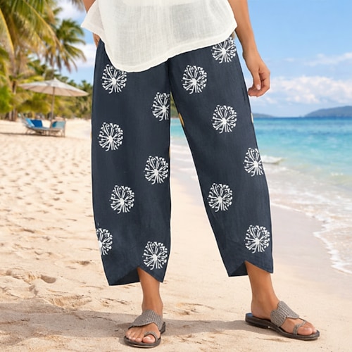 Damen Hose aus Baumwollleinen Weite Hosenbeine Chinos Urlaub Streetwear Basic Volle Länge Mittlere Taillenlinie Blumen Elastischer Bund Drucken Bequem Komfort Mikroelastisch Täglich Outdoor Straße Image