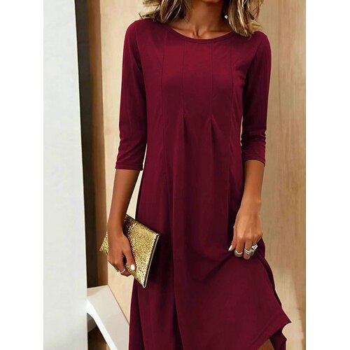 Damen Midikleid Shiftkleid Lässig Täglich Lässiger Schnitt Einfach Dreiviertelarm Rundhalsausschnitt Schwarz Wein Grün Dunkelblau Sommer Frühling Herbst Image