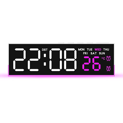 Moderner digitaler LED-Wecker mit zwei Alarmfunktionen Sanftes Bodenlicht, Anzeige von Uhrzeit, Datum, Wochentag, Temperatur, 3-stufige automatische/manuelle Helligkeit, batteriebetriebene Tischuhr Image