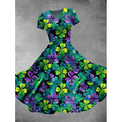 St. Patrick Damen Midi-Kleid Wickelkleid A-Linien-Kleid Urlaub Lässig Strand Ausgehen Reguläre Passform Grafisches Kleeblatt Kurzarm V-Ausschnitt Tiefgrün Grün Sommer Frühling Image