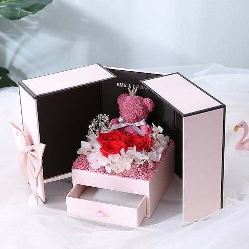 Geschenke für Frauen, konservierter Moosbär aus echten roten Rosen mit Halskette, romantisches Valentinstagsgeschenk für die Ewigkeit in Geschenkbox, Schmuckkästchen mit Rosenblüten für Mama, Frauen Image