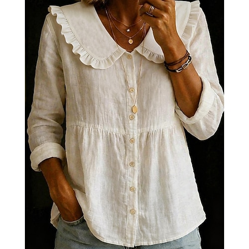 Damen Hemd Bluse Gerafft Knöpfe Einfach Lässig Langarm Hemdkragen Normale Oberteile Täglich Ferien Ausgehen Weiß Rosa Himmelblau Grün Khaki Sommer Frühling Image