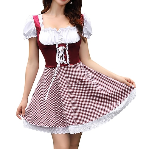 Karneval Oktoberfestbier Kleid Dirndl Trachtenkleider Oktoberfest / Bier Kleider Cosplay Deutsch Wiesn Damen Karneval Party Stoff im traditionellen Stil Kleid Schürze Image