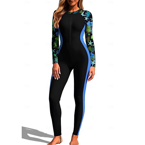 Damen Anti UV Shirt Ganzkörper-Rashguard Einteiliger Surfanzug Blumenmuster Tropisch Farbblockierung Reißverschluss mit integriertem BH Frontreißverschluss UV-Sonnenschutz vollständige Bedeckung Image