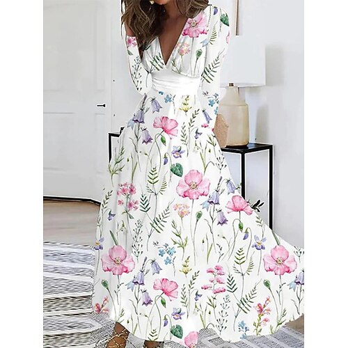 Damen Maxikleid A Linie Kleid Urlaub Lässig Outdoor Ausgehen Normale Passform Blumen Grafik Langarm V Ausschnitt Blau Weiß Grün Sommer Frühling Herbst Image