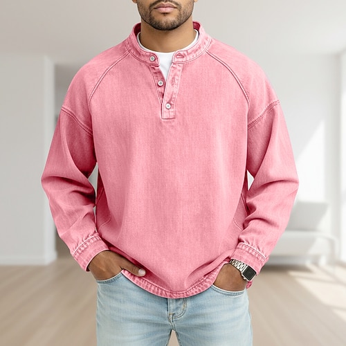 Herren T Shirt Henley Hemd Jeanshemd Hemd aus 100 % Baumwolle in Säurewaschung T-Shirt Langarm Einfach Vintage Streetwear Lässig Gewaschen Raglanärmel Stehkragen Henley Lässig Straße Sport Frühling Image