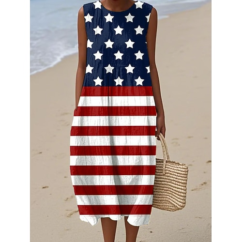 Unabhängigkeitstag Patriotisches Shirt Leinenähnliches Damen Midi Kleid Sommerkleid Shift Kleid A-Linien Kleid Urlaub Freizeit Boho Strand Ausgehen Lockere Passform Grafik Geometrisch Sterne und Image