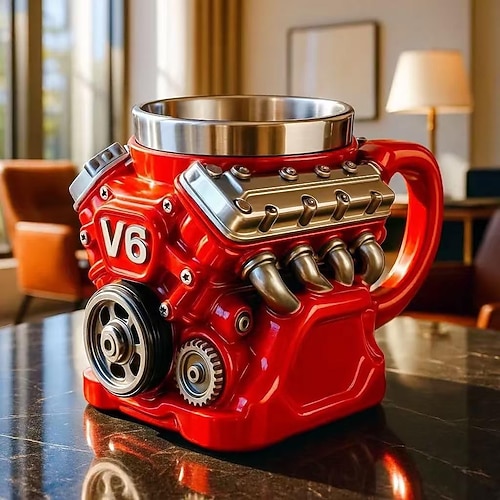 Kaffeebecher mit V8-Motor, Kaffeebecher aus Kunstharz im Retro-Design mit V6-Motor, realistischer Edelstahlbecher mit V8-Motor – das perfekte Geschenk für Ehemann, Mechaniker oder Autoliebhaber. Image