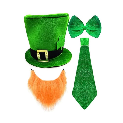 Herren-Kostümset „Kobold" zum St. Patrick's Day, Polyestermaterial, grüner Zylinder mit Schnalle, künstlicher Bart, Fliege und Krawatte, für Partys und Feiertage Image