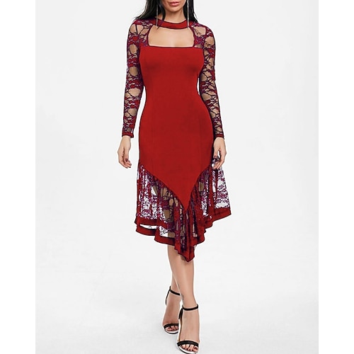 Damen Midikleid schwarzes kleid Spitzenkleid Abschlussballkleid Partykleid Elegant Mode Modern Abendgesellschaft Party Besonderer Anlass Normale Passform Einfach Langarm Rundhalsausschnitt Blau Image