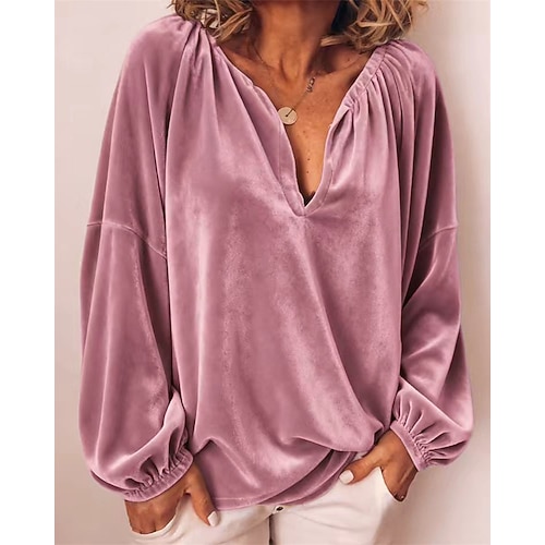 Damen T Shirt Patchwork Einfach Elegant Vintage Mode Langarm V Ausschnitt Normale Oberteile Täglich Ausgehen Wochenende Blau Rosa Gold Grün Herbst Winter Image