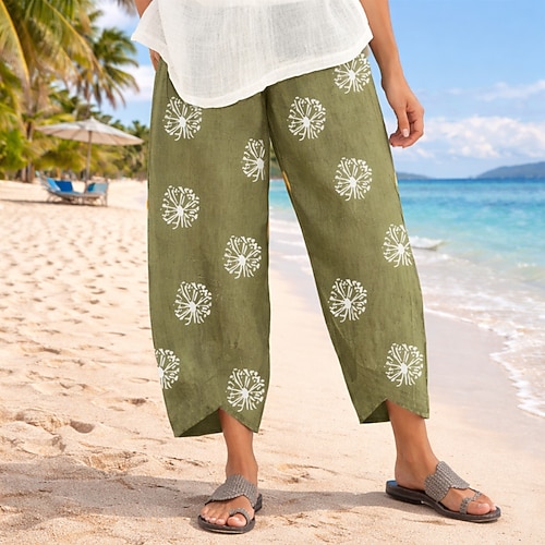 Damen Hose aus Baumwollleinen Weite Hosenbeine Chinos Urlaub Streetwear Basic Volle Länge Mittlere Taillenlinie Blumen Elastischer Bund Drucken Bequem Komfort Mikroelastisch Täglich Outdoor Straße Image
