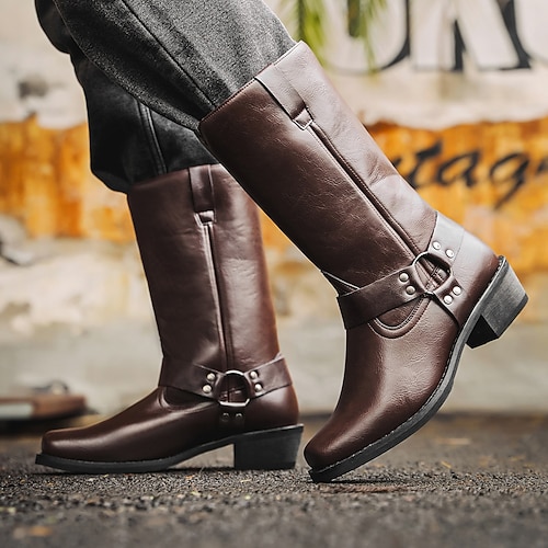 Herren Stiefel Cowboystiefel Retro Spaziergang Lässig Täglich PU Bequem Mittelstiefel Loafer Dunkelbraun Gelb Braun Schwarz Frühling Herbst Image