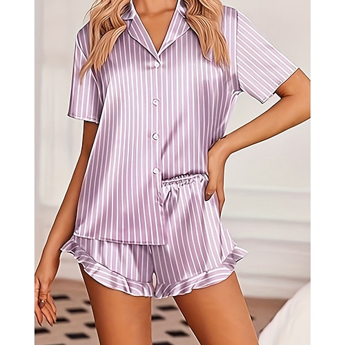Damen Schlafanzug Freizeitkleidung Schlafanzug Set Mode Lässig Komfort Gestreift Einfarbig Knopf hoch Elastischer Bund Shorts Täglich Heim Urlaub Kurzarm Hemdkragen Purpur Grün Sommer Frühling Image