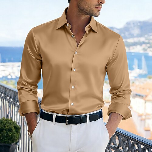 Herren Hemd Satinhemd Kleidhemd Freizeithemd Knopfhemd Abschlussballhemd Einfach Party Hochzeit Hellblau Schwarz Weiß Königliches Blau Langarm Revers Frühling Ganzjahres Bekleidung Rein Image