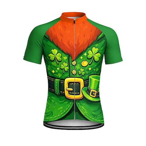 Herren St. Patrick Jersey Radsport-Jersey Downhill-Jersey Vierblättriges Kleeblatt St. Patrick's Elf Kurzarm-Rad-T-Shirt Top mit 3 Rückentaschen UV-beständig Schnell trocknend mit Taschen Image