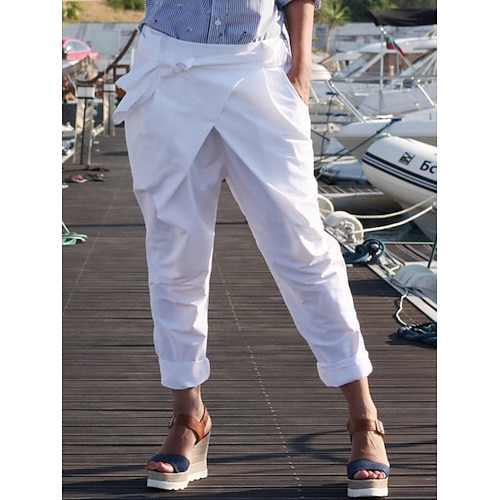 Damen Hose Tapered Hose Sommerhose Freizeithose Mode Streetwear Basic Volle Länge Hohe Taille Einfach Tasche Gerader Schnitt Komfort Weich Bequem Unelastisch Outdoor Straße Ferien Blau Schwarz Wei Image