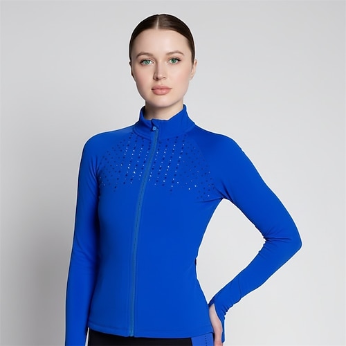Eiskunstlauf Fleecejacke Damen Eislaufen Jacke Oberteil Königsblau Patchwork Spandex Dehnbar Training Wettbewerb Eiskunstlaufkleidung Thermowarm Klassisch Langarm Eislaufen Eiskundstlauf Image