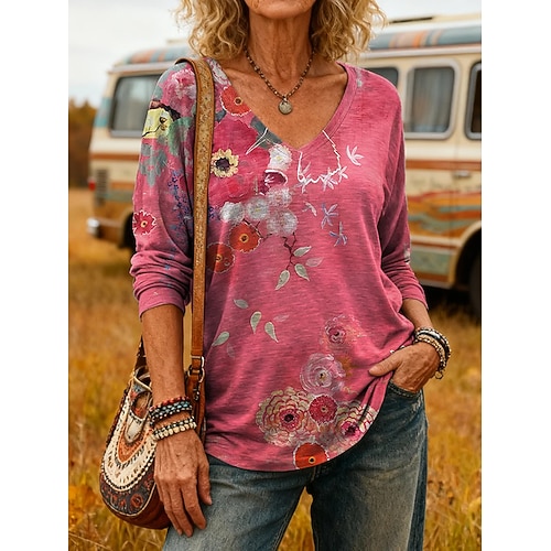 Damen T Shirt Druck Blumen Grafik Vintage Stilvoll Lässig Langarm V Ausschnitt Normale Oberteile Täglich Blau Rosa Purpur cremefarben Frühling Herbst Image