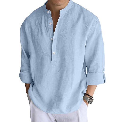 Per uomo Camicia di lino Camicia popover Camicia casual Camicia da Spiaggia Camicia con colletto alla coreana Semplice Spiaggia Vacanza Nero Bianco Rosa Arancione Manica Lunga Collo alla coreana