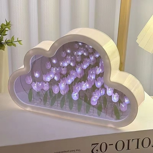 Luce notturna a forma di tulipano, specchio, nuvole, fai da te, lampada decorativa da notte con fiori finti, lampada da tavolo per soggiorno, regalo per bambine e ragazze, decorazione d'atmosfera per