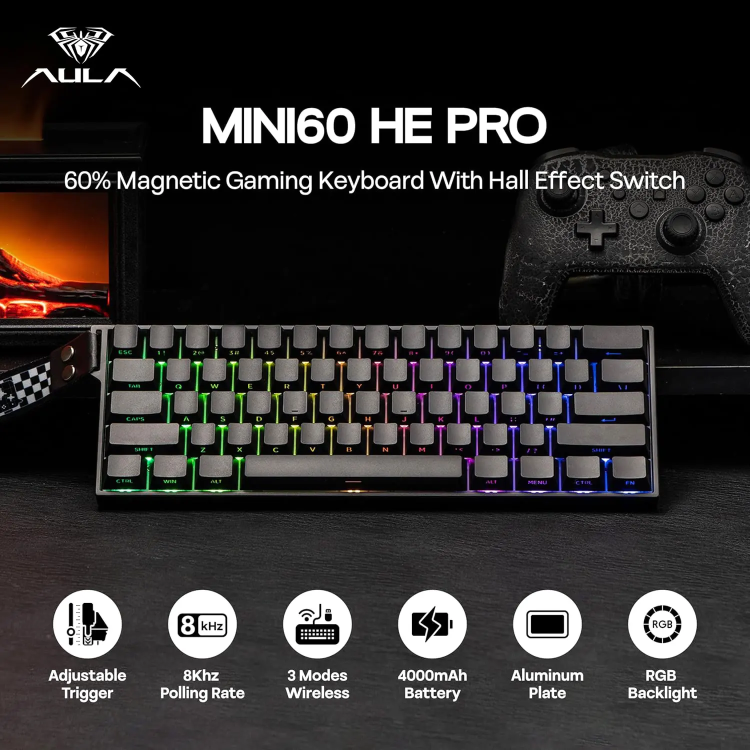 AULA Mini60 HE/Pro/Max 60 % Magnetschalter-Tastatur RGB Tri Mode Drahtlose mechanische Tastatur 8000 Hz 0,01 mmRT für PC-Gamer-Geschenke Image