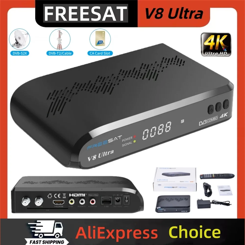 Récepteur Ultra Satellite FREESAT V8 DVB-S/S2/S2X,DVB-T2/T + C,FUNCAM/MARS/CCAM/M3U, boîtier TV 4K avec fente pour carte CA, décodeur de réglage LNB