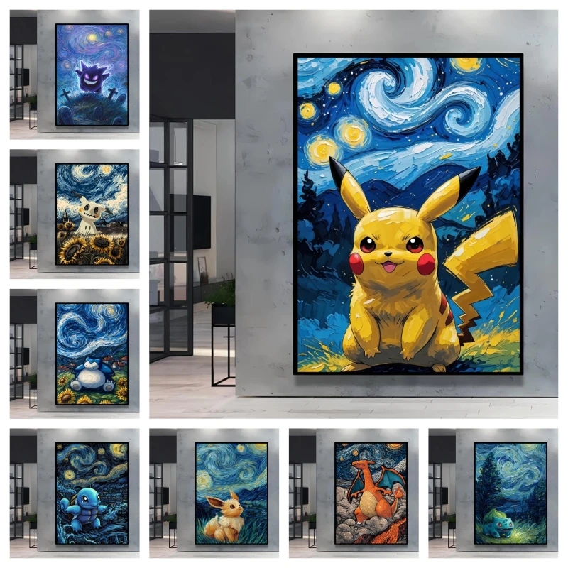 Van Gogh Stil Pokemon Pikachu 5D Diamant Malerei Kreuz Stich Mosaik Kits Home Dekoration Wand Aufkleber DIY Handgemachtes Geschenk Image