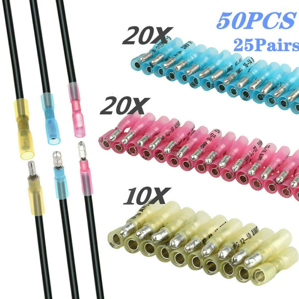 50 Stück Wärmeschrumpf-Kabelverbinder, Weiblich und Männlich, Elektrische Drahtverbinder, Crimpklemmen 10-22AWG, Wasserdicht Image