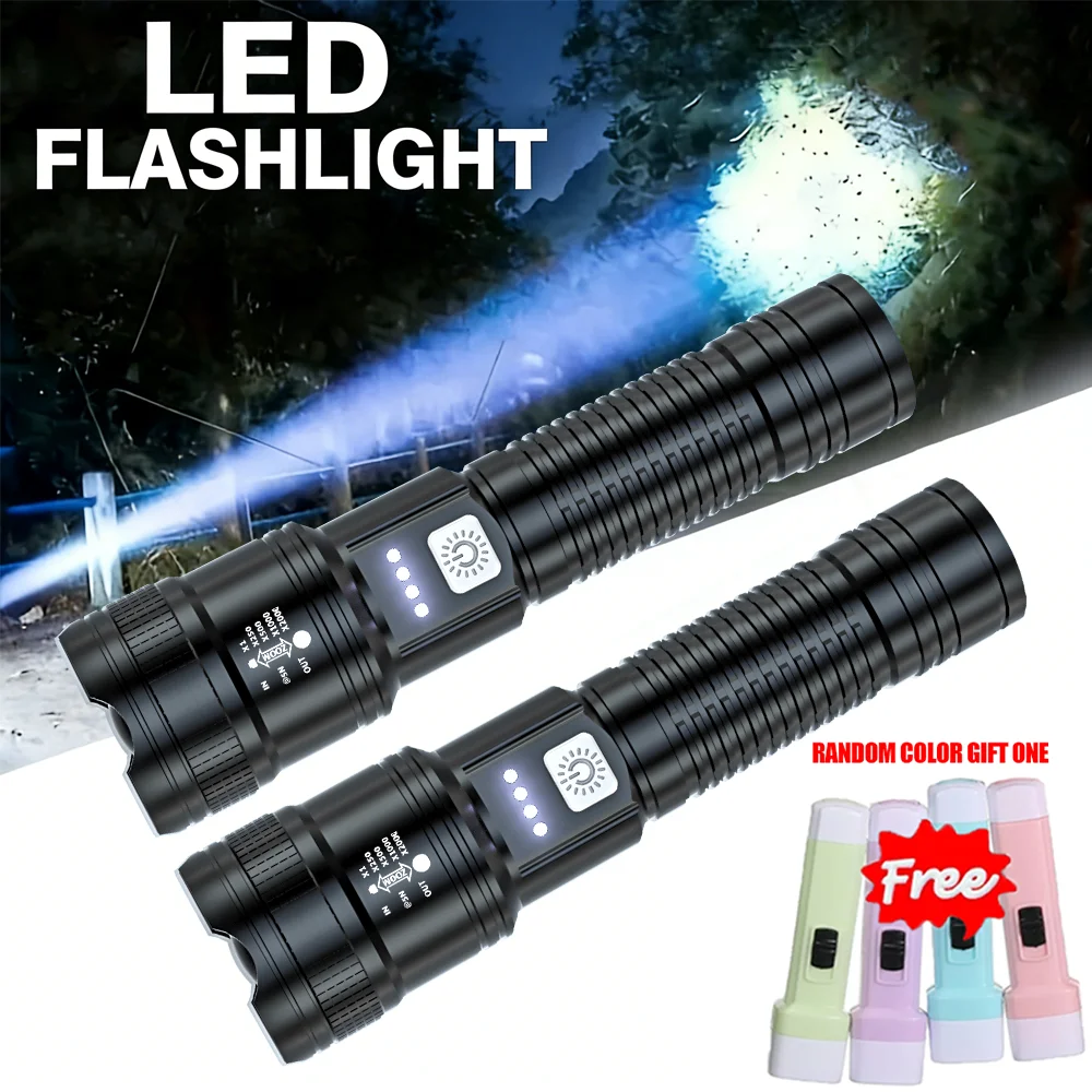 Leistungsstarke LED-Taschenlampe, wiederaufladbare USB-Taschenlampe, Teleskop-Zoomlicht mit Leistungsanzeige, Outdoor, Wandern, Angeln, Notfall, Lantren Image