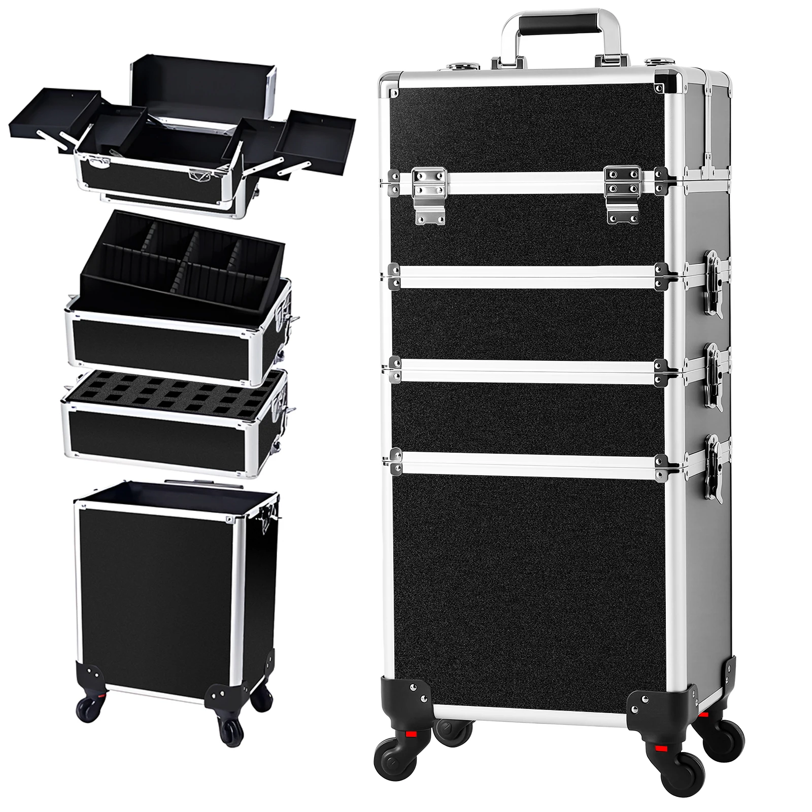 Scatola per trucco alta 4 in 1 per trucco Trolley per bellezza su ruote Custodia per trucco Organizzatore Scatola per rotelle Custodia per tecnico per unghie