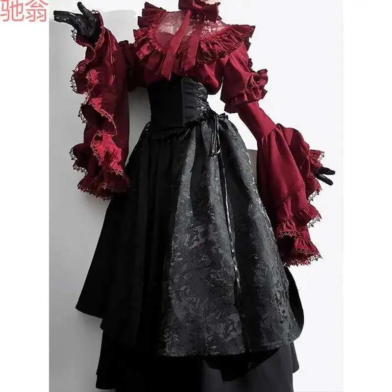 Halloween-Kostüm, schwarz und rot, Gothic-Lolita, halber Rock, langer Rock, Hemd, zweiteiliges Set, 2025, neues Lolita