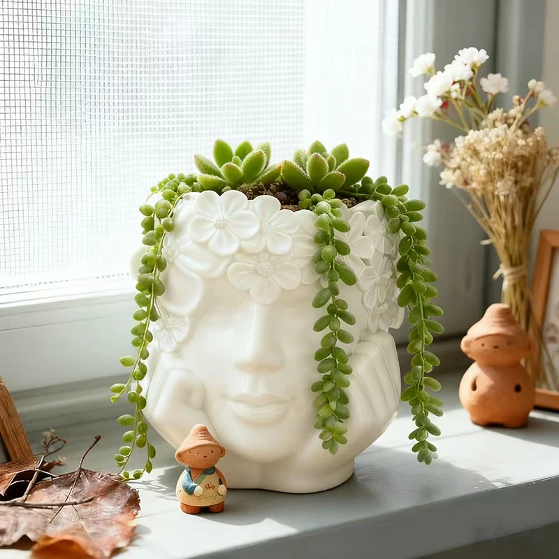 Schönes Blumenmädchen-Gesicht Blumentopf Grünpflanzen Blumentopf für Haus Hof Garten Dekoration Kunstharz Handwerk Ornament Image