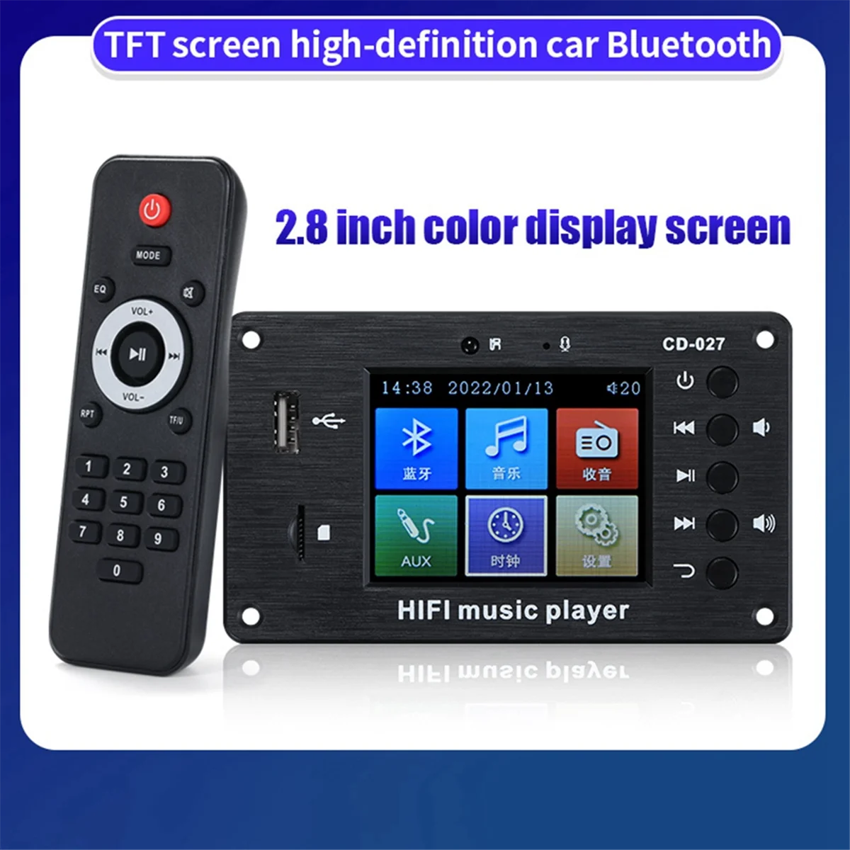 2,8-Zoll-Farbbildschirm Bluetooth 5.1 Autosynchronisation Verlustfreie Dekodierungsplatine Zeitwecker FM Audio Decoder XY Image