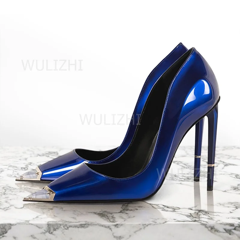 Shiny Dark Blue Stone Pointed Pump Patent Leather Women Stilettos Mature Work Black Sandals Office Lady Jeweled Strap Metal Shoe