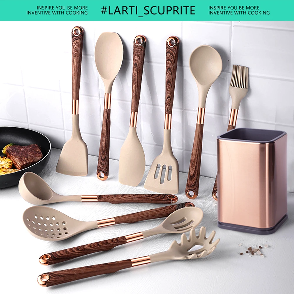Ensemble d'ustensiles de cuisine antiadhésifs en Silicone, 5 à 13 pièces, améliorez votre cuisine avec des poignées plaquées or, outils de cuisine, Kit de spatule et cuillère