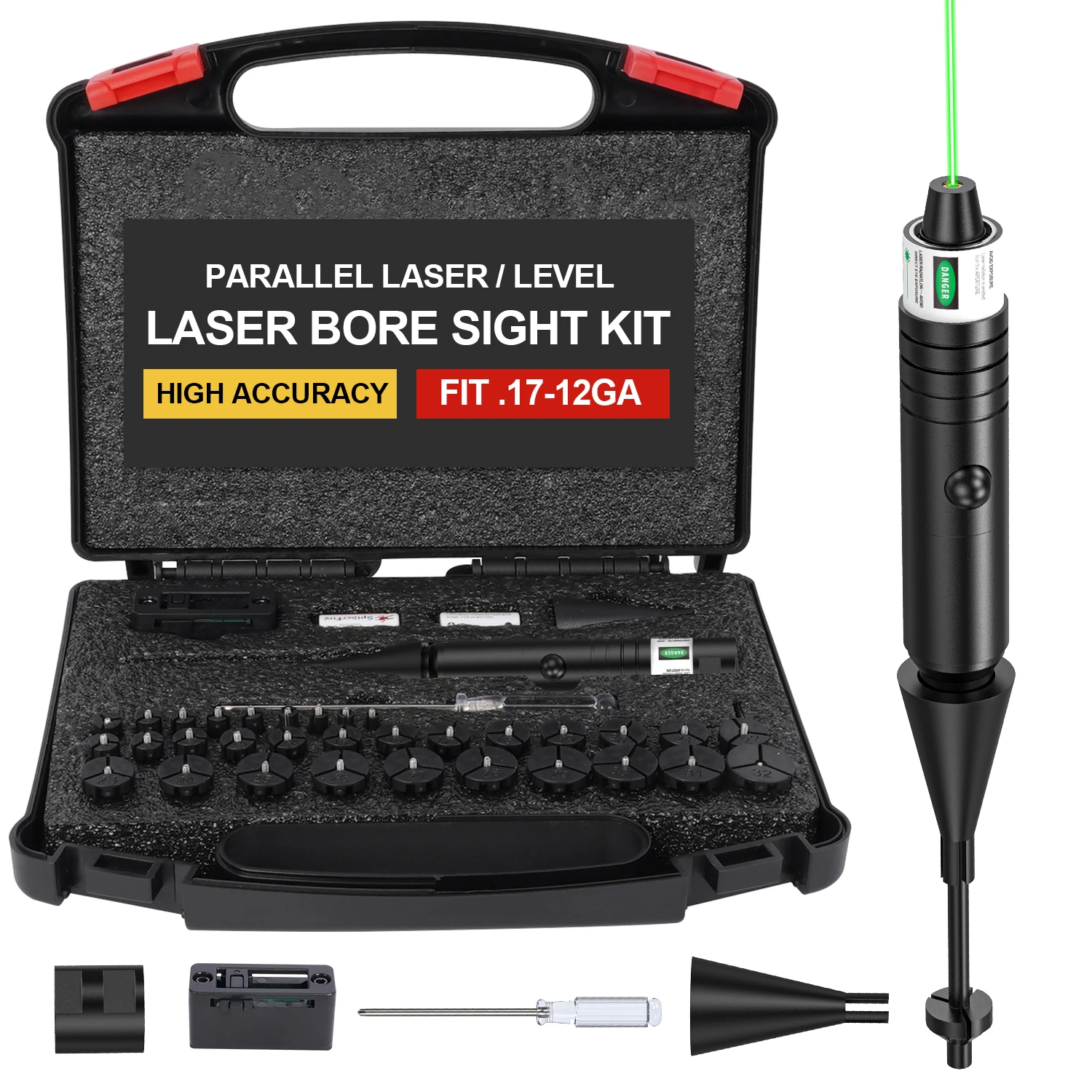 Universelles Laser-Boresighter-Kit: Grüner Laser, 32 Adapter, Anti-Cant-Niveau und Parallelkalibrierung für.17 bis 12 GA. Image