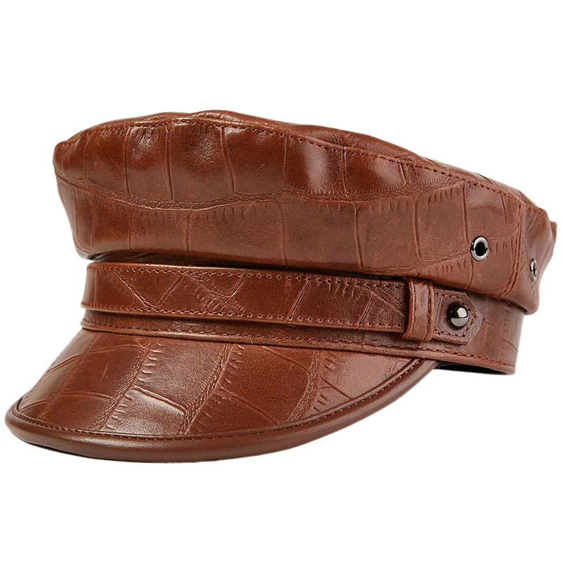 Echtes Leder Schaffell Leder Echte Männer Frauen Yacht Kapitän Matrosenhut Zeitungsjunge Cabbie Baker Boy Schirmmütze Mütze Image