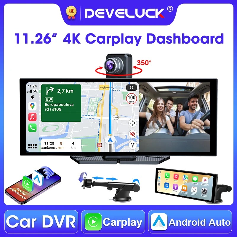 Develuck 11,26 Zoll Carplay Auto DVR 4K Dashcam 350 ° Drehbare Frontkamera, Android Auto Mirror-Link-Sprachsteuerung mit Rückfahrkamera Image