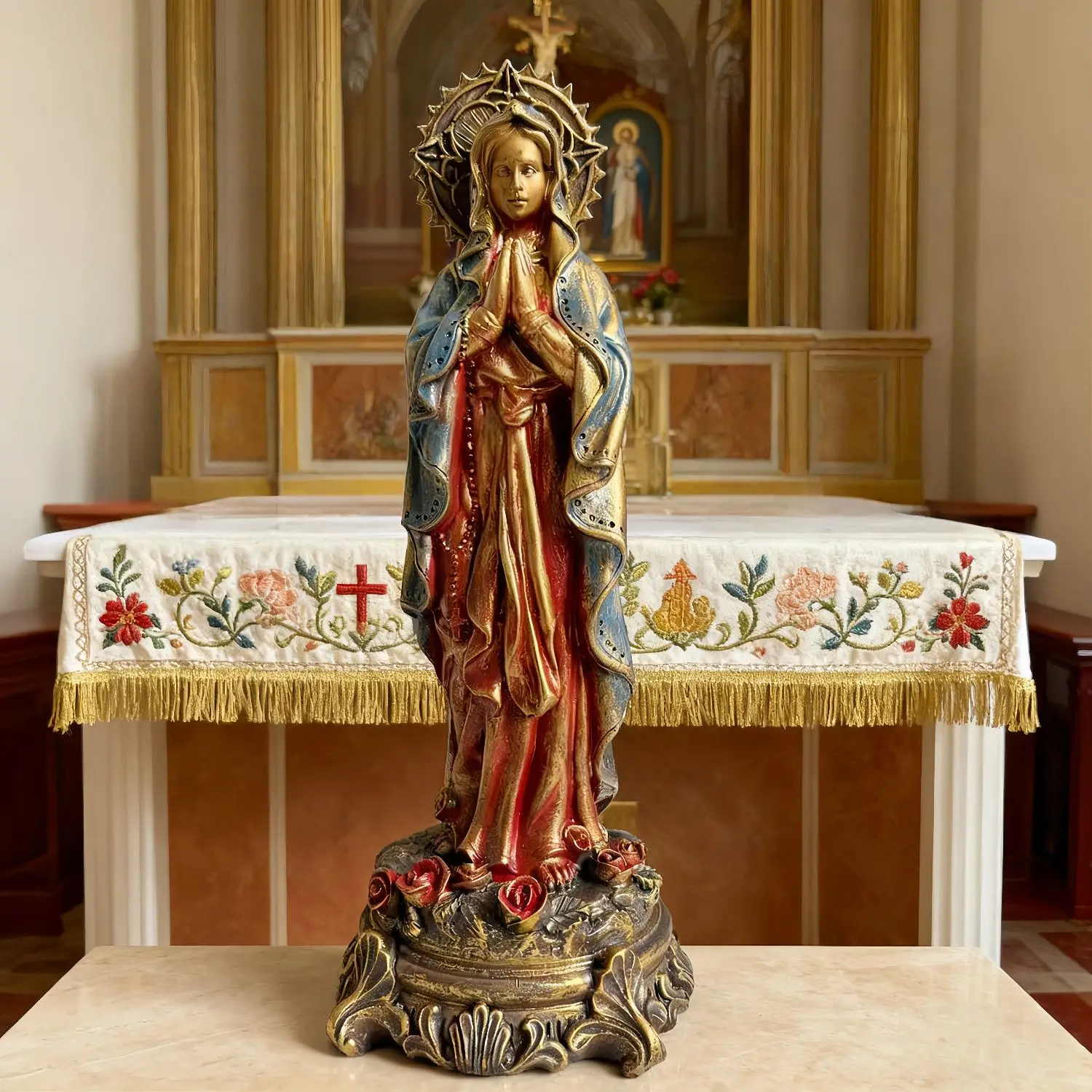 Statue der Jungfrau Maria, handbemalte Harzfigur, Gebetsaltar-Dekoration, heilige religiöse Kunst, christliches Geschenk für die Heimkirche Image