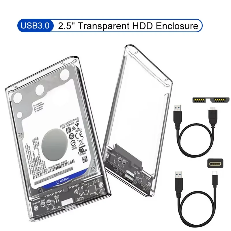 Boîtier de disque dur USB/Type C boîtier de disque dur SSD de 2.5 pouces boîtier de disque dur externe Transparent avec vitesse de transfert de 5Gbps boîte de disque dur transparente